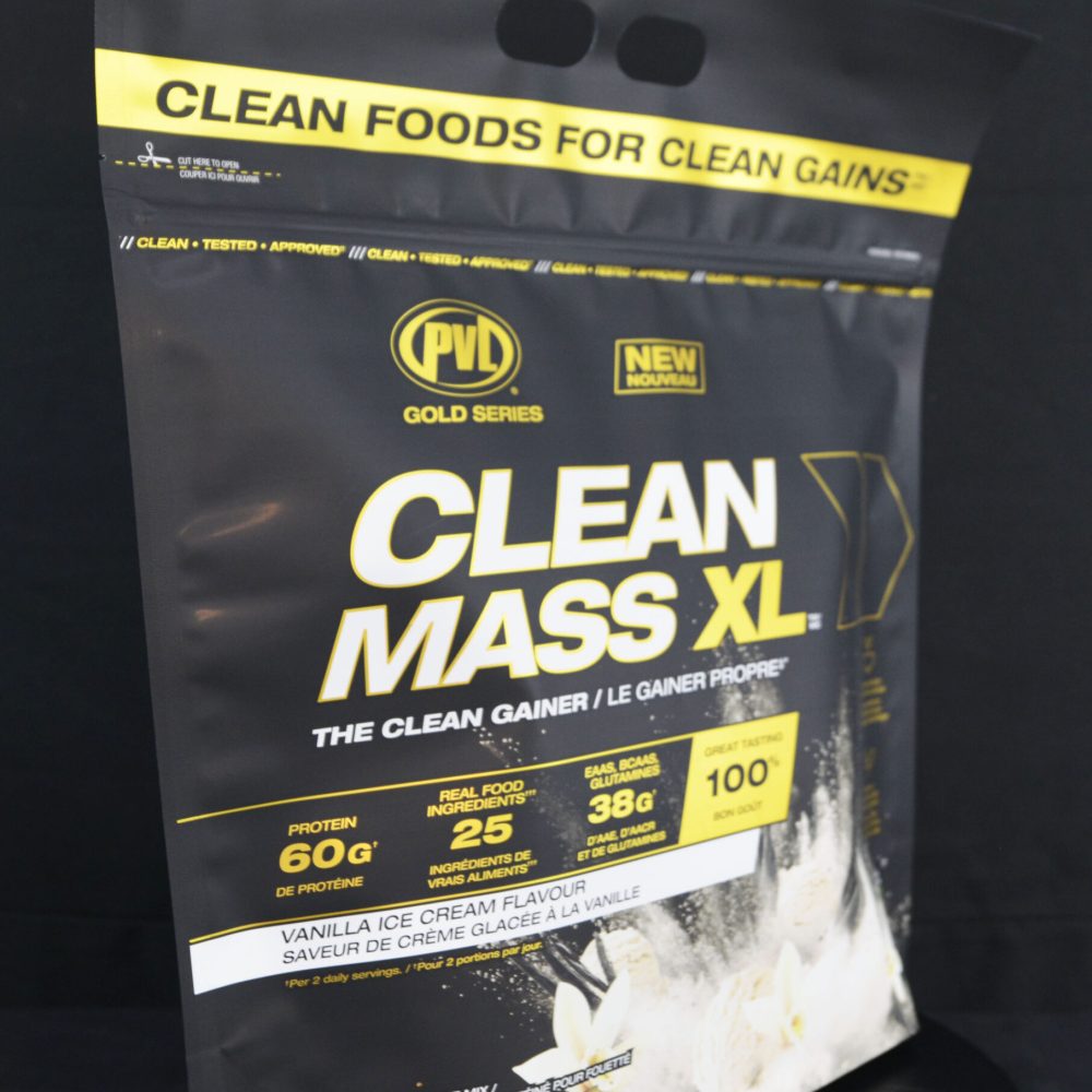High-protein vanilla ice cream flavor protein powder, 4.5kg, with clean mass XL branding.
