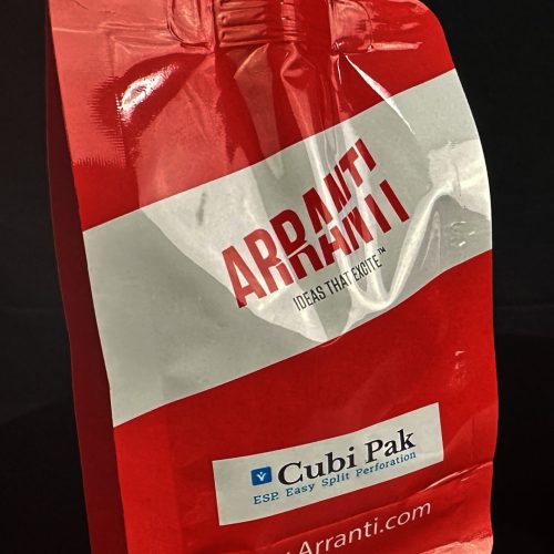 Flexible red and white packaging with Arranti branding and website URL.